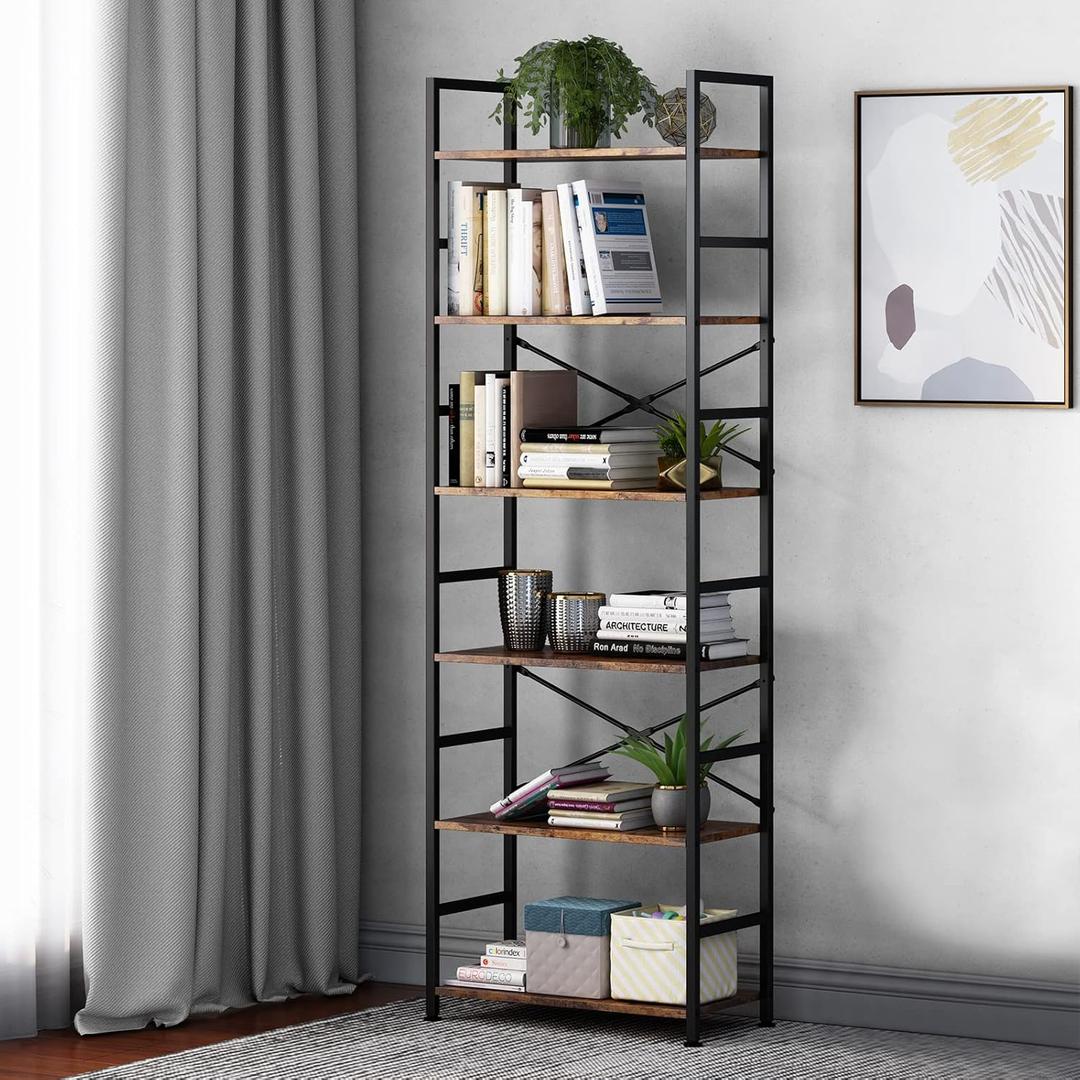 6 Tier Tall Rustic Wood Bookshelf, Metal Frame Standing Bookcase, Open Back Modern Office Bookcases, Industrial Vintage Book Shelf Unit