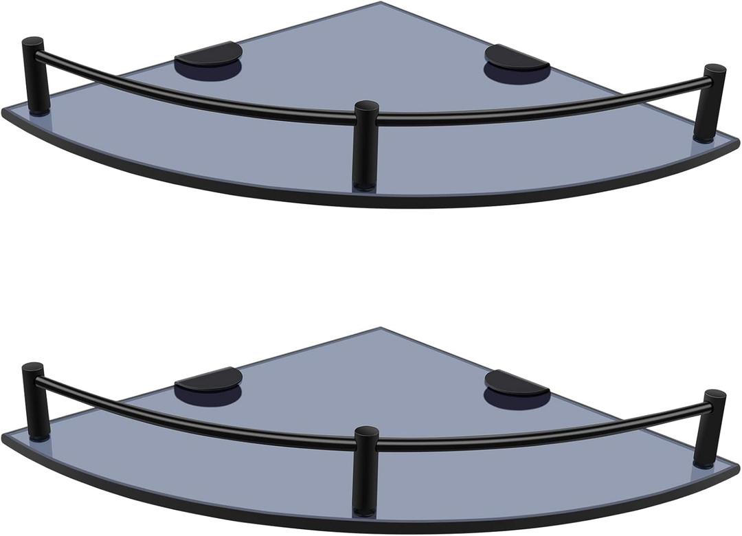 Glass Bathroom Shelves, Set of 2 Glass Corner Shelf Wall Mount, Shower Corner Shelves with Rail, Floating Glass Shelves for Bathroom Kitchen Livingroom (Black)