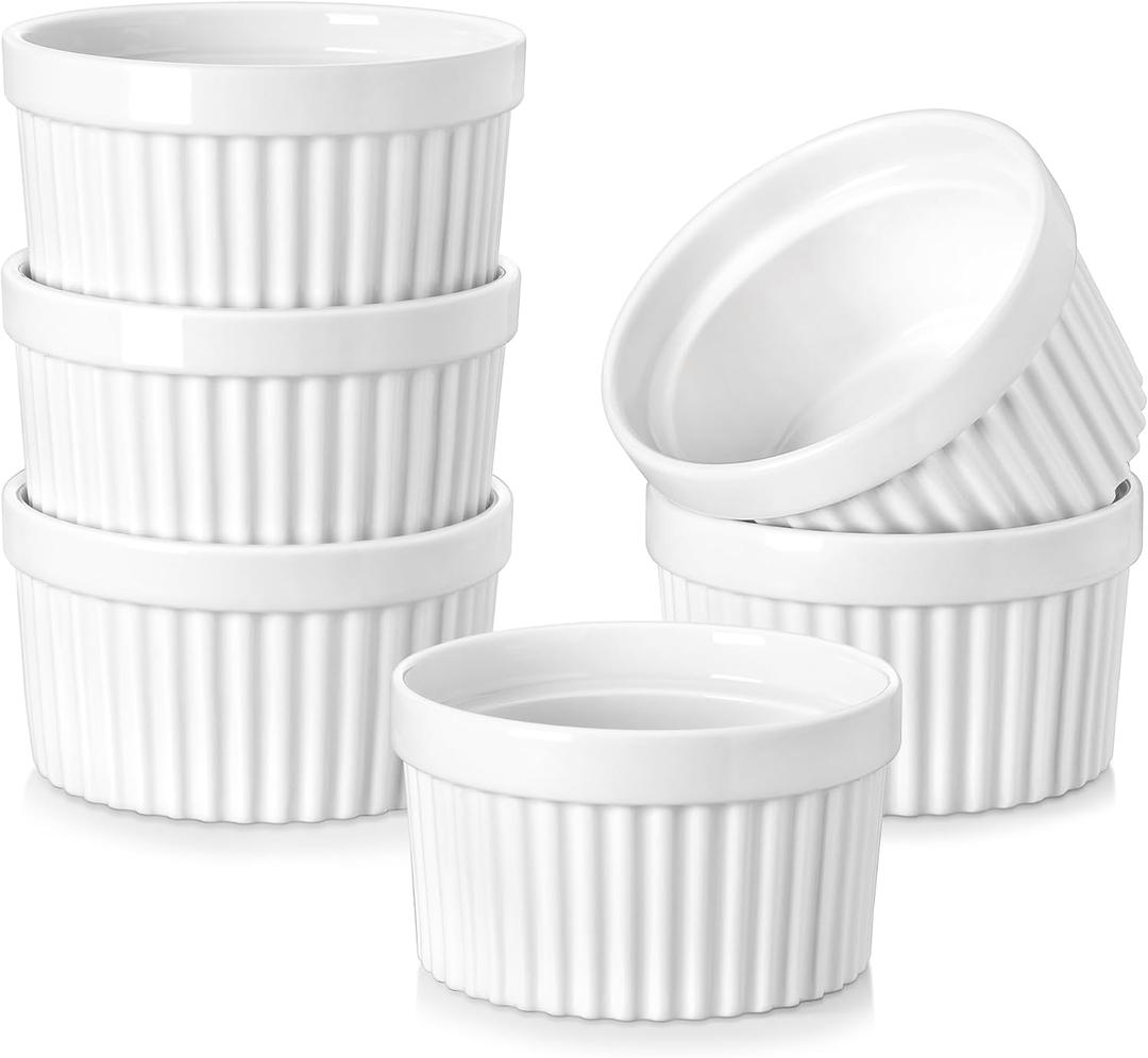 MALACASA Ramekins 10 oz Oven Safe, Porcelain Creme Brulee Ramekins Pudding Custard Cups Large Ceramic Souffle Dishes Ramakan Ramiken Ramicans Baking Bowls Set of 6, White, Series RAMEKIN-DISH