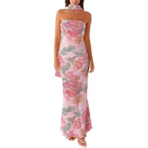 Women Floral Tube Maxi Dress with Scarf Summer Strapless Tube Bodycon Mesh Layer Cocktail Party Wedding Guest Dress, S