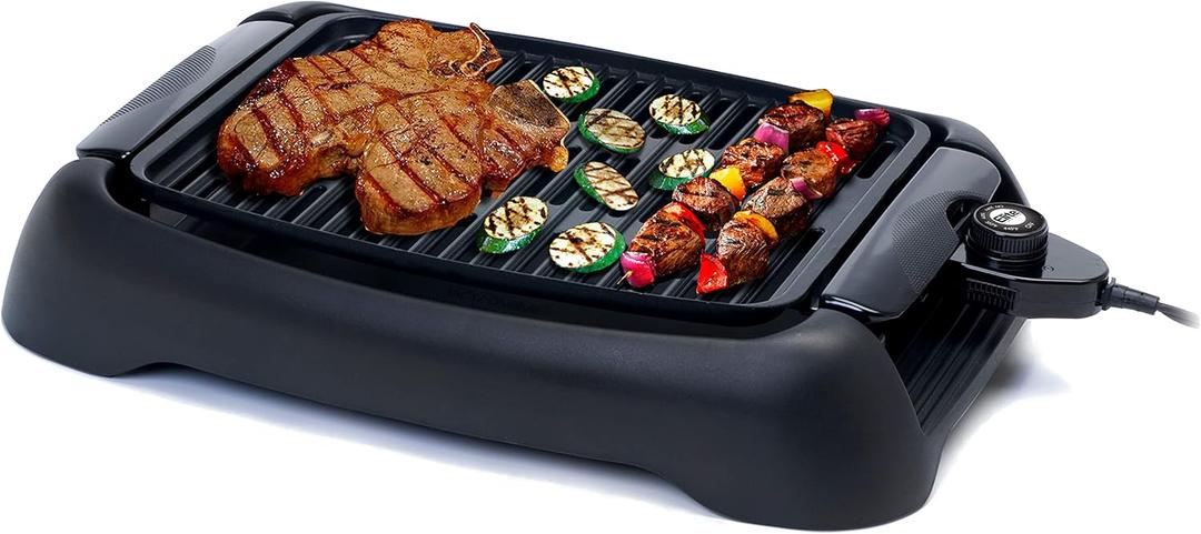 Elite Gourmet EGL-3450 Smokeless Indoor Electric BBQ Grill Dishwasher Safe, Nonstick, Adjustable Temperature, Fast Heat Up, Low-Fat Meals Easy to Clean Design, Black (13")