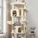Globlazer Cat Tree for Indoor Cats Large Adult, 74in Tall Cat Tower with Scratching Post, Heavy Duty Cat Tree Tower with 2 Spacious Caves, Oversized Top Perch, Big Hanging Basket, F74B, Beige