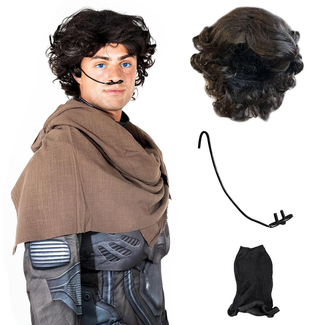 Desert Warrior Dune Costume Set - Curly Brown Wig, Black Fitted Breathing Nose Tube to Form to Face, and Netted Wig Cap for Cosplay - One Size Fits All