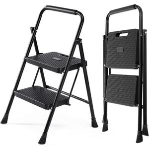 Sweetcrispy 2 Step Ladder, 800lbs Folding Step Stool with Wide Anti-Slip Pedal, Sturdy Ladder, Convenient Handrail, Lightweight, Portable Step Stool