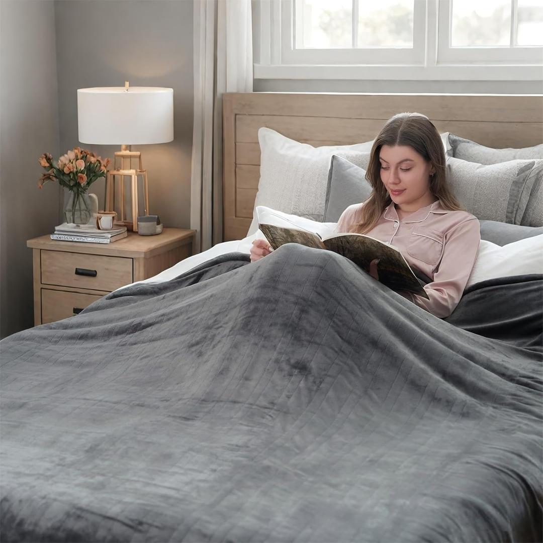 Electric Blanket 72"x84" Full Size Heated Blanket with 6 Heat Settings & 10 Hours Auto-Off,Thickened Flannel and Sherpa Warm Blanket for Full Body-Light Gray (03-light Grey)