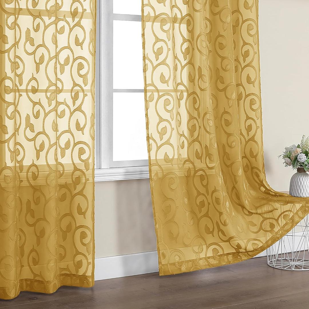 OWENIE Furman Semi Sheer Curtains 72 Inch Length 2 Panels Set, Jacquard Pattern Rod Pocket Light Filtering Farmhouse Curtains for Bedroom Living Room, 2 Pieces 80 Inch Wide, 72 inch Long (Gold)