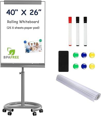 TSJ OFFICE Mobile Standing Whiteboard - 40 x 26 Inches Dry Erase Magnetic White Board with Stand Flipchart Easel Height Adjustable, Gray 