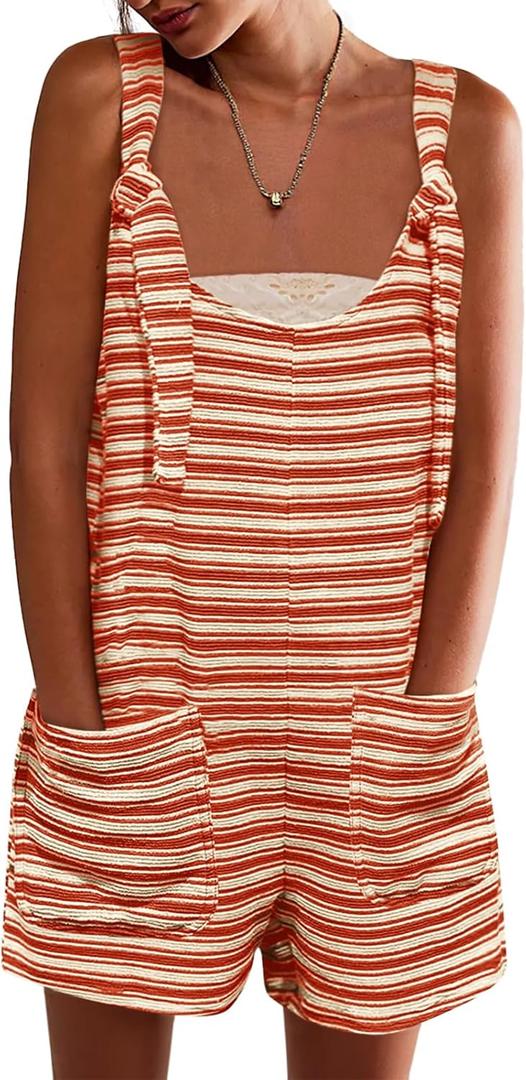 Yousify Womens Fall Casual Sleeveless Romper Loose Striped Tied Shorts Overalls Jumpsuit with Pockets 2025 Clothes (Large, Orange)