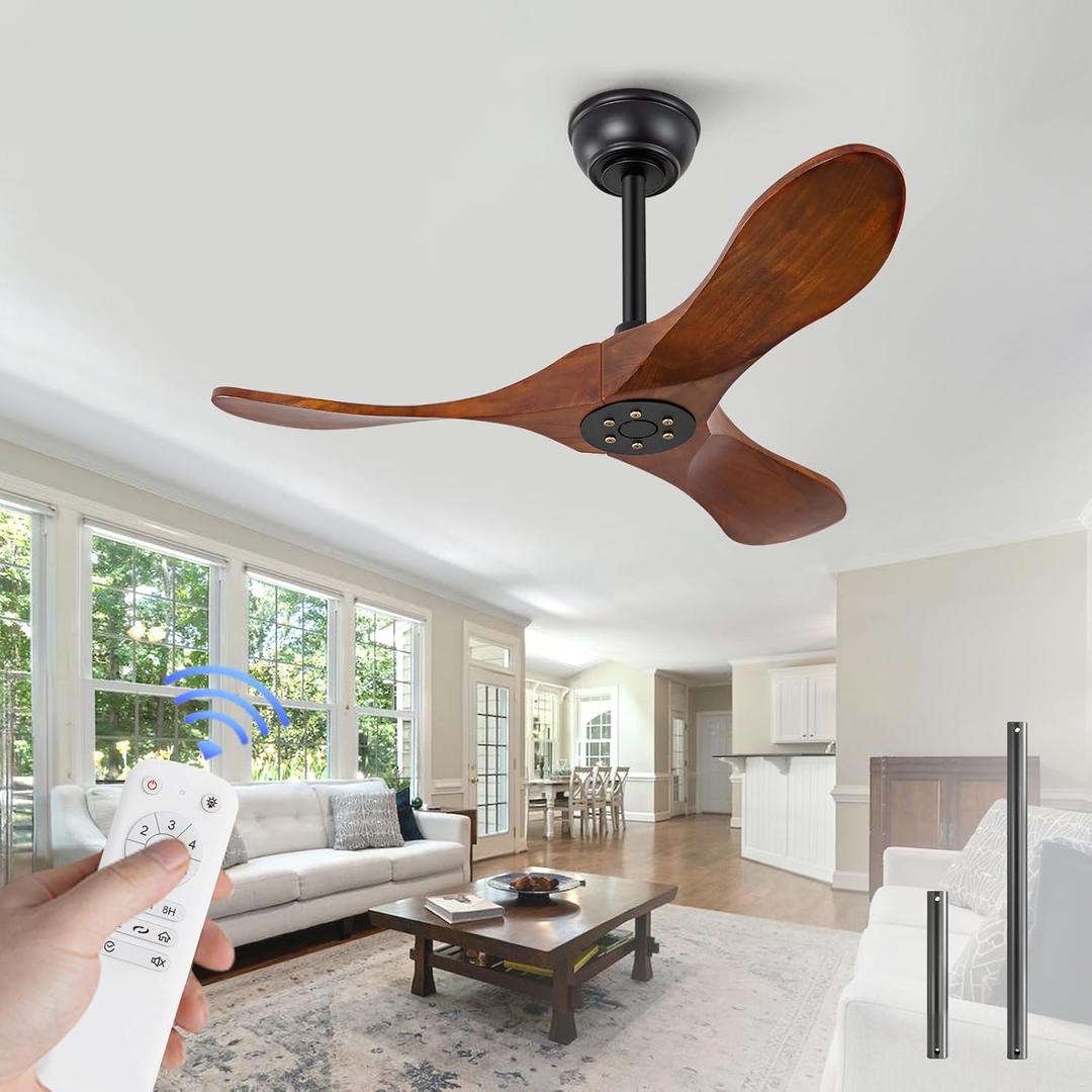 36 Inch Solid Wood Ceiling Fan with Remote,Ceiling Fan no Light,6 Speeds,Noiseless,Reversible DC Motor,Modern Ceiling Fans without Lights for Living Room Bedroom Farmhouse,Patios (Dark walnut & Black)