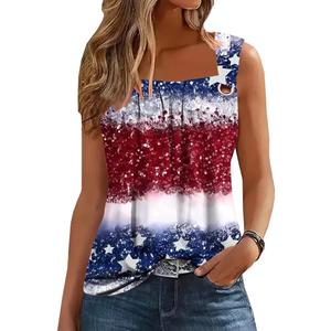 Summer Tank Tops for Women Pleated Square Neck O Ring Shoulder Sleeveless Shirts Casual Loose Fit Trendy Blouses, 2XL