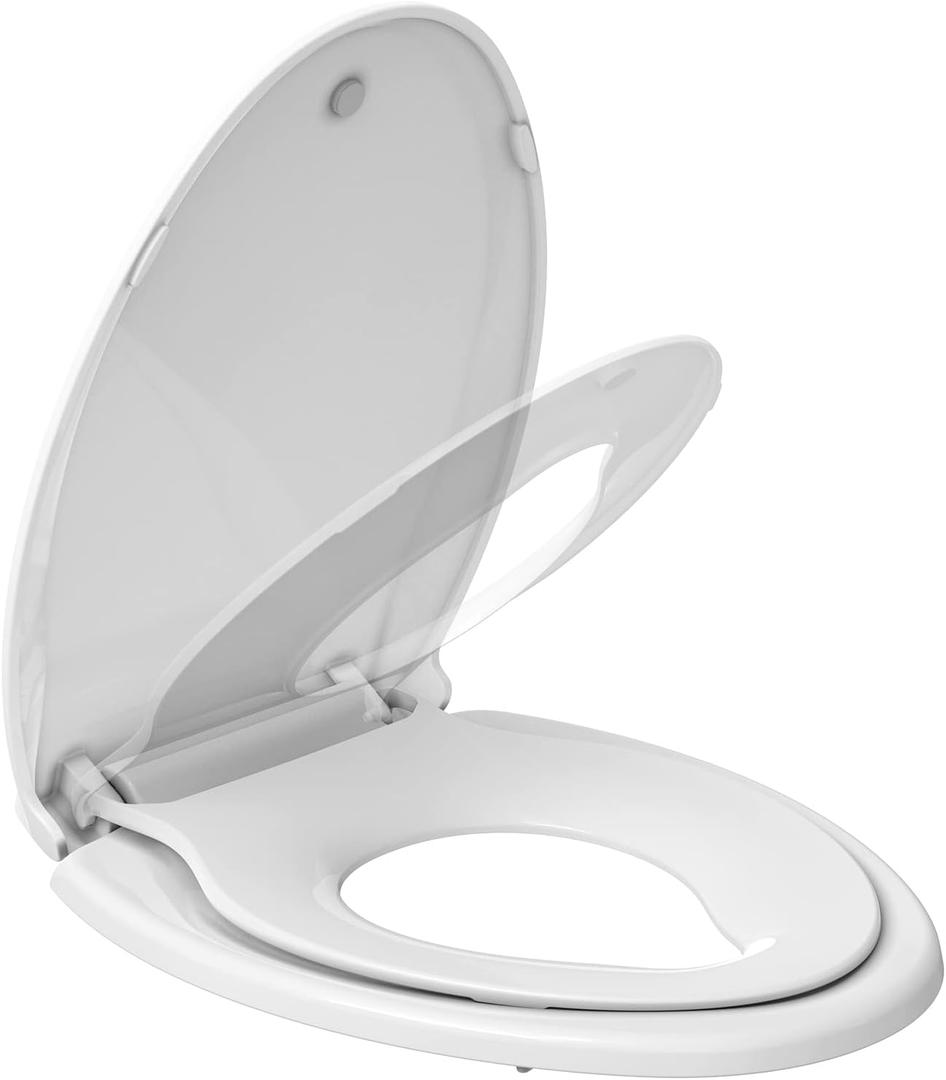 Toilet Seats Elongated,19" Extra Long Toilet Seat,Built-In Potty Training Seat for Toddlers,Safe & Durable PP Material,Quiet-Close Hinges, Easy Installation & Release with Hardware (White)