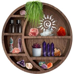 Wooden Crescent Sun Moon Shelf Wall Decor - Decorative Boho Home Hanging Display Shelf for Bedroom, Dorm, Nursery - Easy Mount Storage for Crystals and Essential Oils - 14 x 14 x 3.5