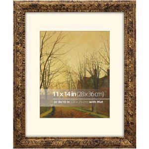 11x14 Rustic Gold Ornate Vintage Classic Picture Frame, With Mat for 8x10 Photo or Art, Real Glass Protection, Horizontal or Vertical Display