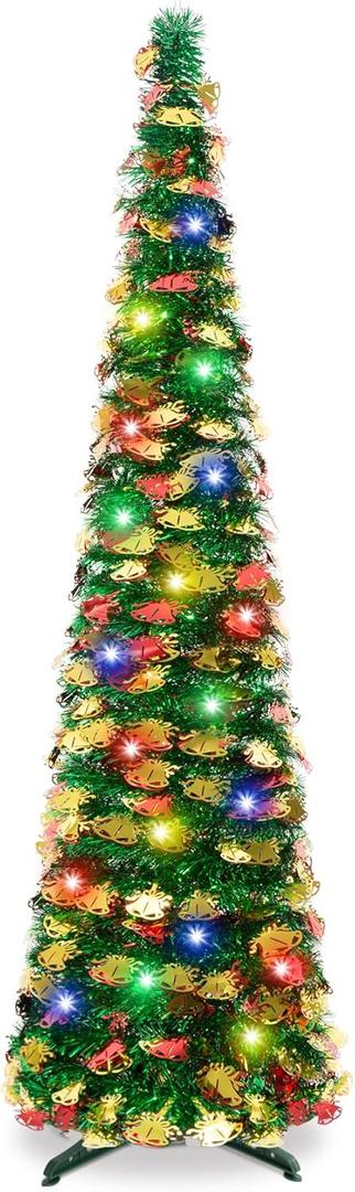 5Ft Pop Up Christmas Tree with Lights, Collapsible Pencil Tree Green Gold, Skinny Christmas Tree Slim Xmas Tree, Artificial Tinsel Tree Foldable for Home Apartment Holiday Party Winter Decor