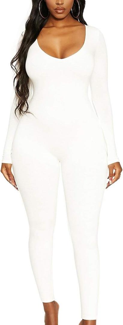Mulisky Women's Sexy Long Sleeve Bodycon Jumpsuit Rompers One Piece Outfits (White), XL