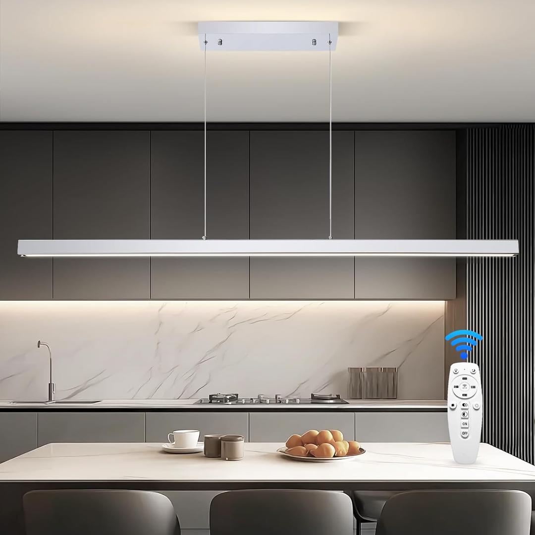 Modern LED Island Lights, 3300k-6500K Dimmable Pool Table Light with Remote, Modern Pendant Lights for Kitchen, 47.24" LED Linear Pendant Light Fixtures Dining Room Billiard Room Chrome Sliver