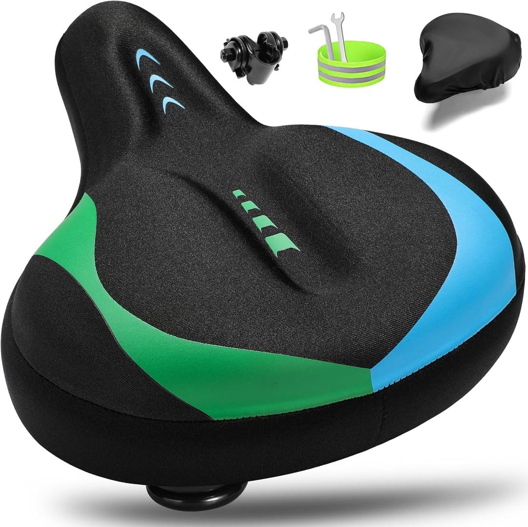 Oversized Bike Seat for Men & Women, Comfortable Gel Padded, Extra Wide Bicycle Seat Cushion Comfort, Replacement Saddle for Peloton, Stationary Exercise Bike, Mountain Bike, Cruiser, City Bike (Blue - Green)