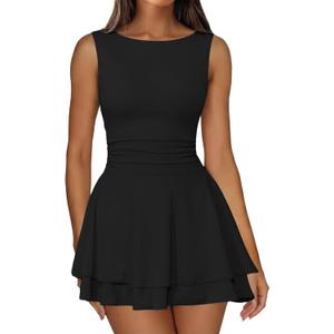 IWD Women's Boat Neck Sleeveless Mini Dress Ruched Waist Flowy Tiered Ruffle Hem A Line Party Short Dresses, Medium