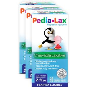 Pedia-Lax Childrens Chewable Laxatives for Constipation, Gently Relieves Occasional Constipation for Kids Ages 2-11, Watermelon Flavor, 30 Count, Pack of 3