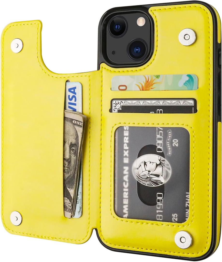 ONETOP Compatible with iPhone 13 Wallet Case with Card Holder, PU Leather Kickstand Card Slots Case, Double Magnetic Clasp Durable Shockproof Cover 6.1 Inch(Yellow)