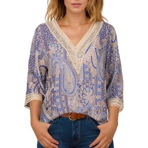 IRISGOD Womens 3/4 Length Sleeve V Neck Tops Dressy Casual Chiffon Blouse Summer Floral Bohemian 2025 Tredny Shirts (M)