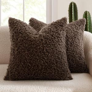 MIULEE Pack of 2 Faux Fur Chocolate Throw Pillow Covers 18x18 Inch Boucle Decorative Sherpa Pillow Covers Fuzzy Accent Soft Sheepskin Fleece for Boho Home Decor Sofa Living Room Couch Bed