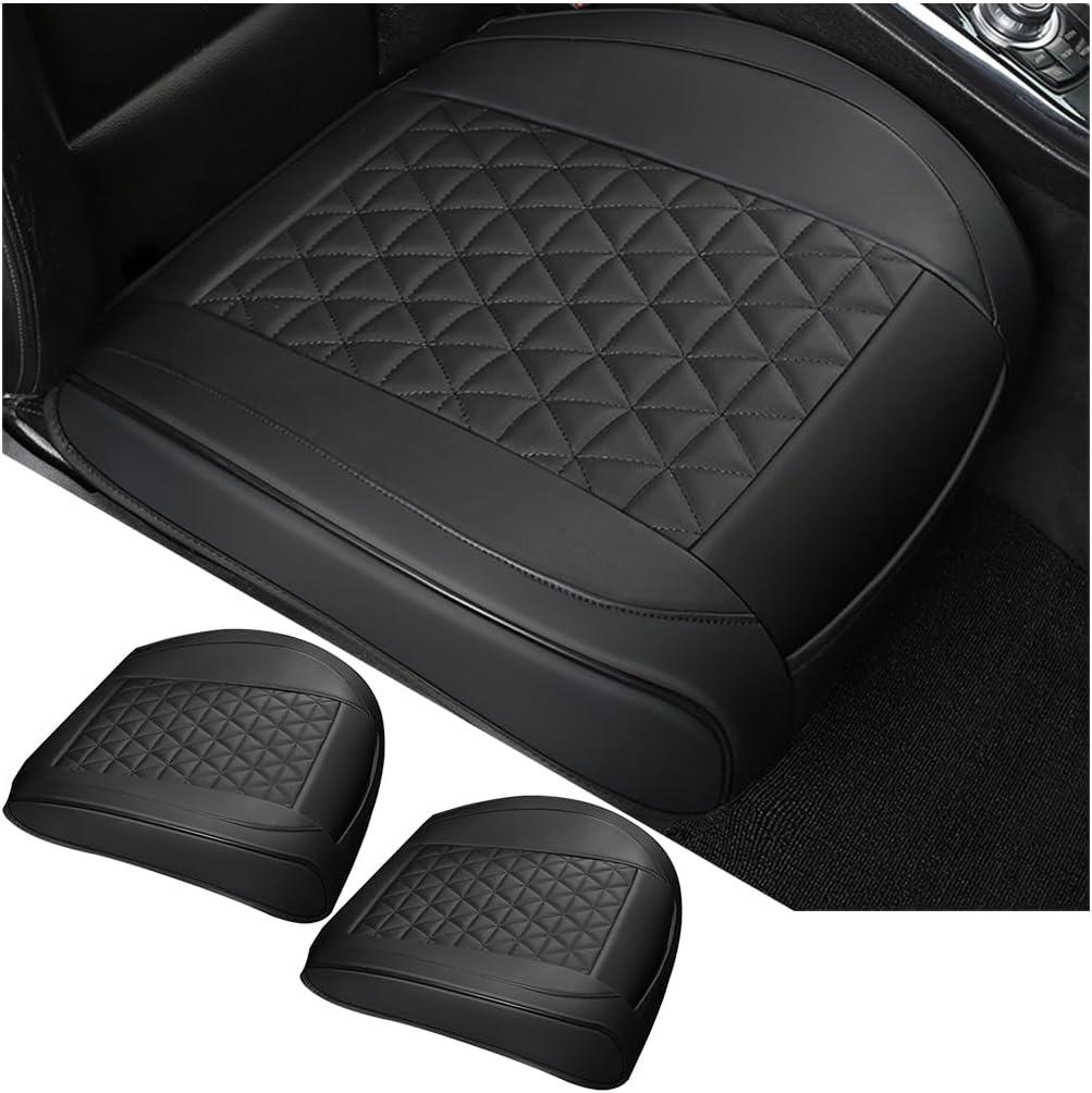 2PCS Leather Car Seat Cover, Vehicle Front Bottom Seat Protector Pad, Full Surrounded Waterproof Auto Seat Protective Cushion with Storage Pocket, Universal for SUV, Truck, SedanBlack