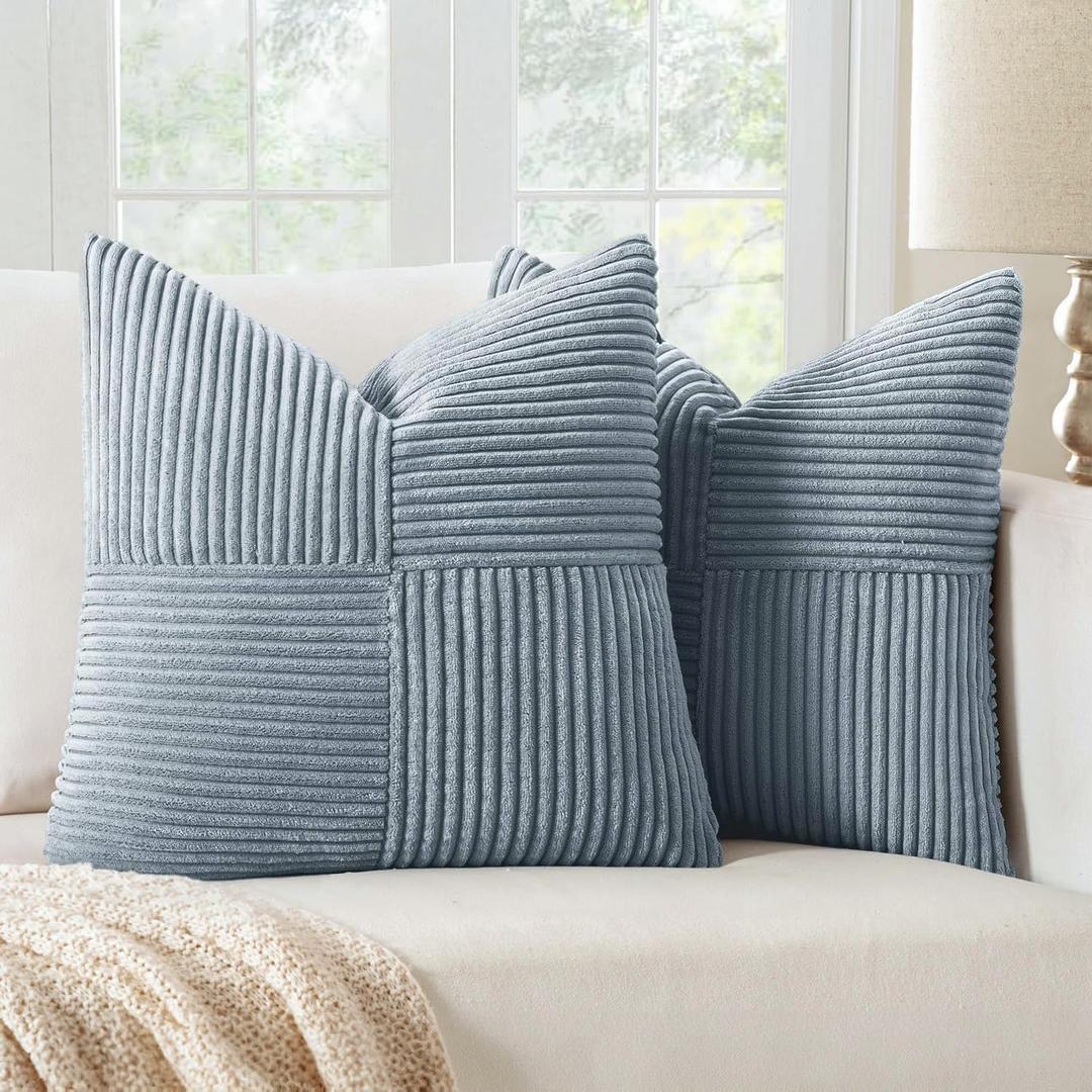 MIULEE Dustyblue Decorative Throw Pillow Covers 18x18 Inch for Couch Bed Sofa Pack of 2 Coastal Boho Farmhouse Throw Pillows Soft Cross Corduroy Patchwork Textured Cushion Cases