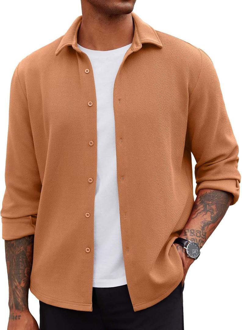 COOFANDY Men's Overshirt Shacket Jacket Mens Textured Button Down Long Sleeve Shirts Fashion Jacket, Medium (Light Brown)