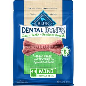 Blue Buffalo Mini Dental Bones, 12 oz, 44 Mini Bones | Cleans Teeth, Parsley Freshens Breath, Peas & Blueberries For Digestion Support, For Dogs 5 to 15 lbs. (EXP 04/06/26)