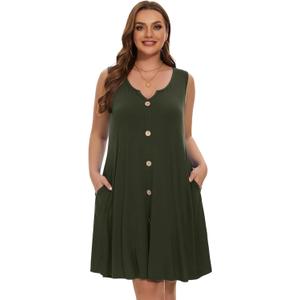 LARACE Women Plus Size Summer Dresses V Neck Sleeveless A Line Sundresses Button Down Midi Dress with Pockets (Green, XXL)