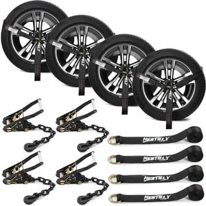 4 Pack Wheel Tie Down Straps with J-Hook, 2" x 96"-9900LBS Break Strengt, Tire Straps with Chain Anchors,Heavy Duty Lasso Style Car Hauler Straps for Trailer,Hauling UTV, SUV, Truck, Black