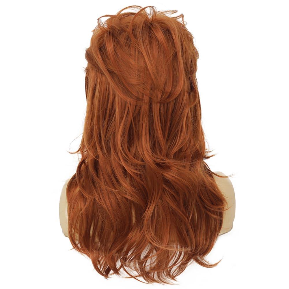 80s Women Brown Mullet Wig Long Wavy Ginger Bouffant Synthetic Hair wigs for Married Housewife Vintage Costume or Halloween Party