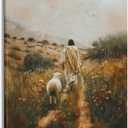 Framed Jesus Leaving 99 Sheep Canvas Print Wall Art Christian Home Wall Decor Inspirational Religious Jesus and the Lost Lamb Spiritual Painting Poster for living room office 12x16in Ready to Hang