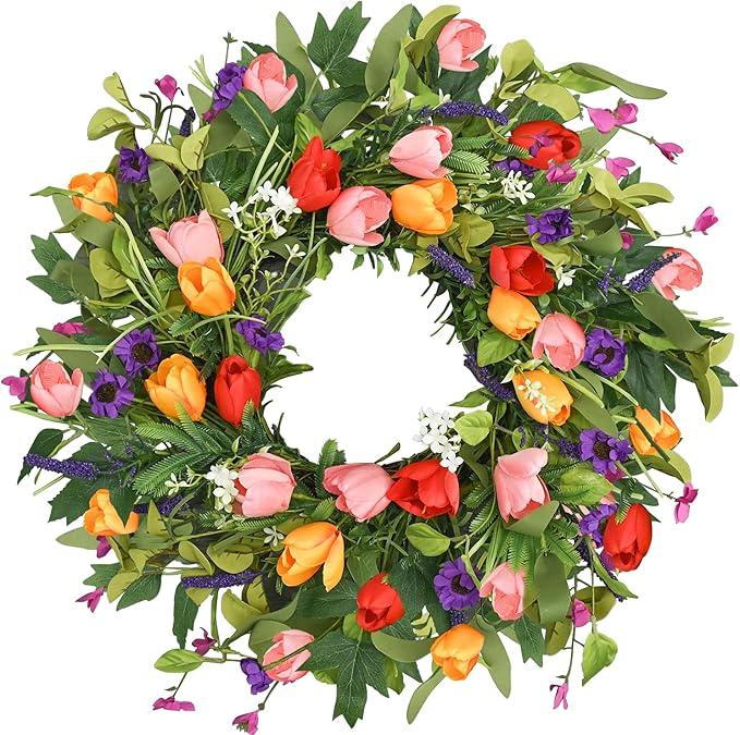 Qingbei Rina Spring Wreaths for Front Door, 2224 Inch Easter Door Wreath for Decorating with Colorful Tulip, Lavender and Eucalyptus, Indoor Outdoor Floral Wreath Party Farmhouse Wedding Home Decor