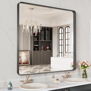 LOAAO 28X32 Inch Black Metal Framed Bathroom Mirror for Wall, Matte Black Bathroom Vanity Mirror Farmhouse, Anti-Rust, Hangs Horizontally or Vertically LOAAO 28X32 Inch Black Metal Framed Bathroom Mirror for Wall, Matte Black Bathroom Vanity Mirror Farmhouse, Anti-Rust, Hangs Horizontally or Vertically