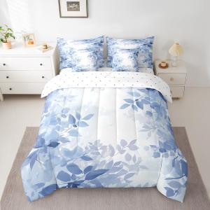 Feelyou Kids Adult Blue Floral 7 Piece Bedding Set King Size Botanical Plants Comforter Set with Sheets for Boys Girls Vintage Floral Leaf Bed in a Bag Bed Set, Blue White