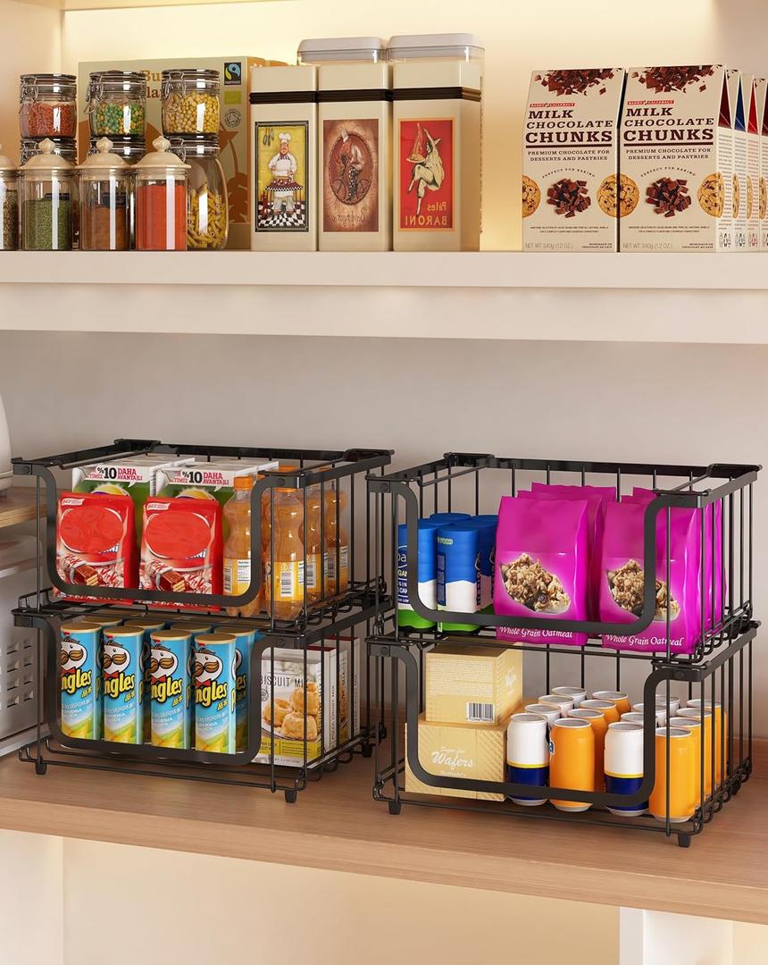 UMDONX 4 Pack Stackable Wire Baskets Storage Bins for Fruits, Vegetables, Potatoes & Onions | Pantry, Countertop, Laundry Organizer | Heavy Duty & Space Saving Black