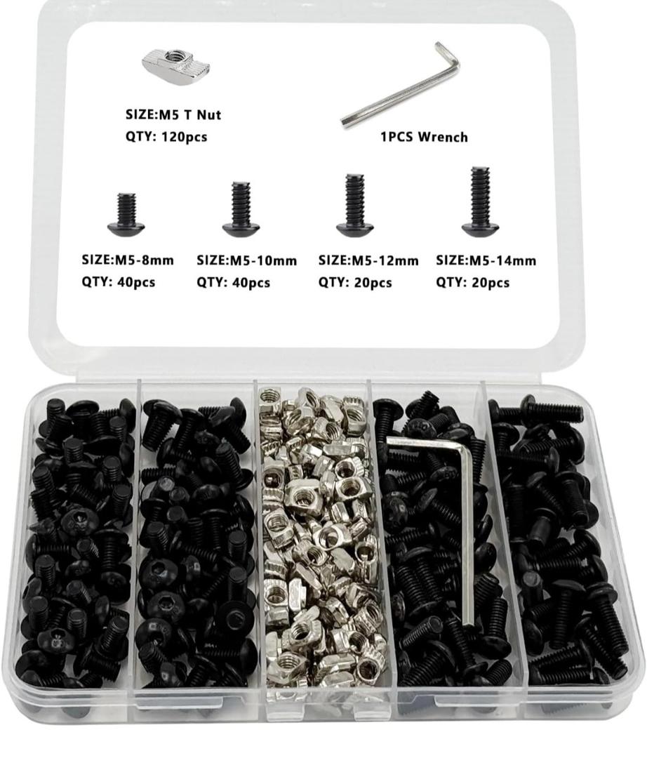240 pcs M5 T Nut Screws Kit for 2020 2040 2080 Aluminum Extrusion, 120 pcs Black M5x8/10/12/14mm Hexagon Socket Screws and 120 pcs M5 Drop in T-Nuts with 1 pcs Hex Wrench