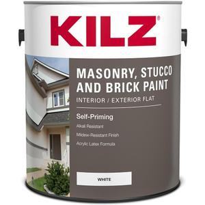 KILZ Self-Priming Masonry, Stucco and Brick Paint, Interior/Exterior, Flat, White, 1 Gallon, 128 Fl Oz