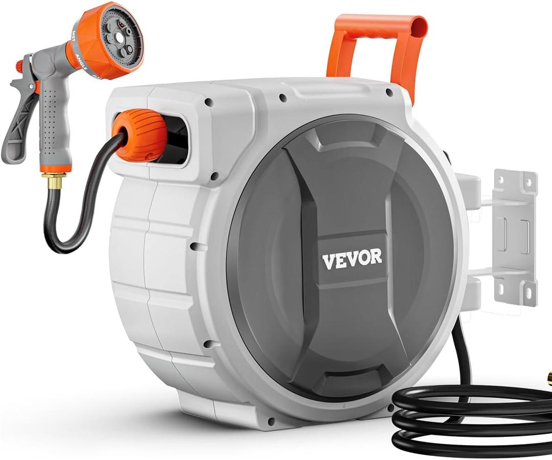 VEVOR Retractable Garden Hose Reel, 1/2 Inch x 145 ft Wall Mounted Hose Reel, Heavy Duty Garden Hose Reel with 9 Patterns Nozzle, Any Length Lock, Upgraded Slow Return System and 180Swivel Bracket