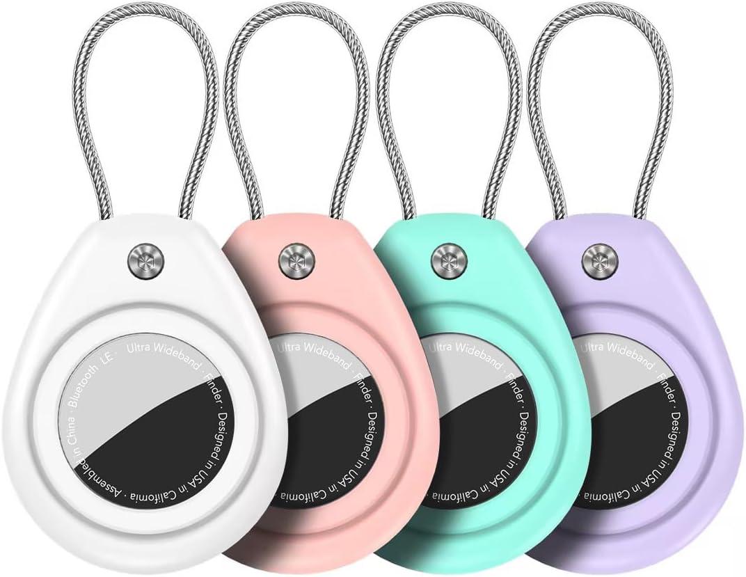 HATALKIN for AirTag Holder for Apple AirTag (1st & 2nd Generation), 4 Pack AirTag Keychain Waterproof Shockproof Air Tag Case with Secure Key Ring for Keys, Pets, Wallet, Luggage & Backpack (White/Pink/Purple/Green)