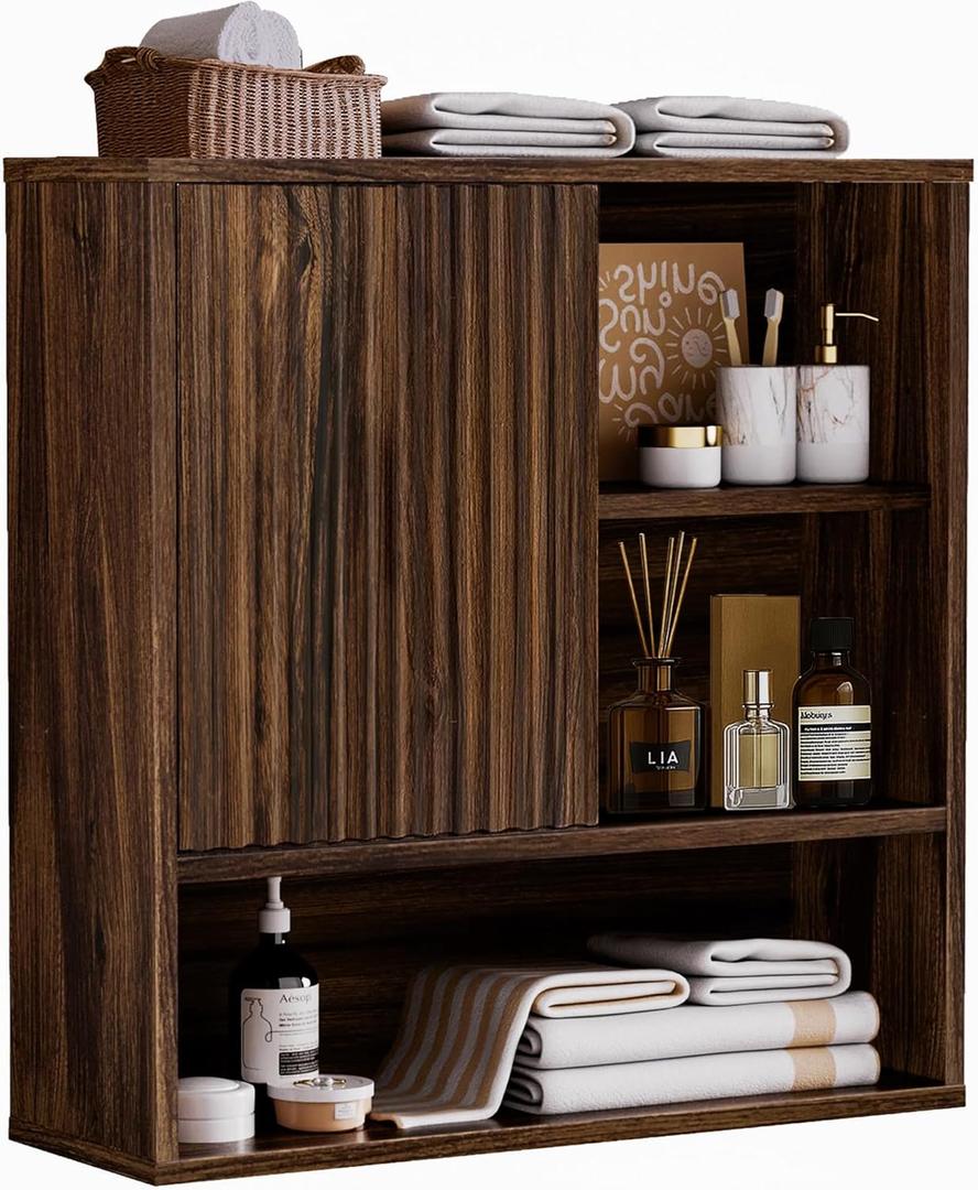 Farmhouse Bathroom Wall Cabinet Fluted,Medicine Cabinet Over The Toilet Storage Cabinet with Adjustable Shelf, Wood Wall Mounted Storage Cabinet Organizer 23.2" Wx24 Hx7.6 DDark Walnut