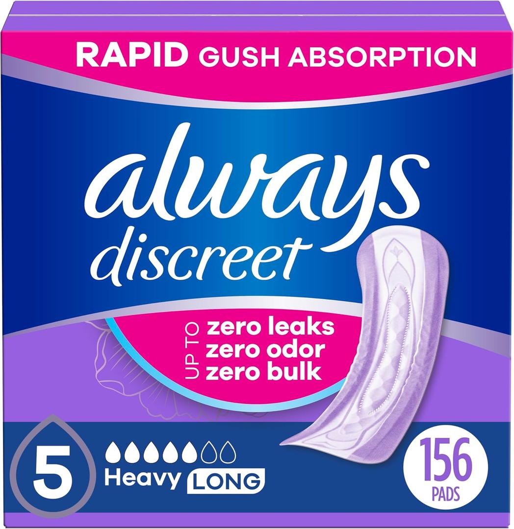 Always Discreet Adult Incontinence Pads for Women, Drier, 5 Drop Long Length, Heavy Absorbency, Pads for Bladder Control Management, Bladder Leaks, & Postpartum Pads, 156ct