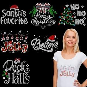 Glenmal 6 Pack Christmas Rhinestone Iron on Patches Crystal Bling Patches Heat Transfer Applique Decorative Designs for DIY T Shirts Clothing, 6 Designs