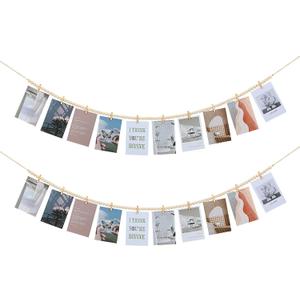 2Pcs Hanging Photo Display with Clips, Boho Wooden Bead Garland Collage Picture Frame Wall Decor, Photo String with 10 Clips for Bedroom Room Dorm Cubicle Decor, Christmas Teen Girls Gifts (Brown)