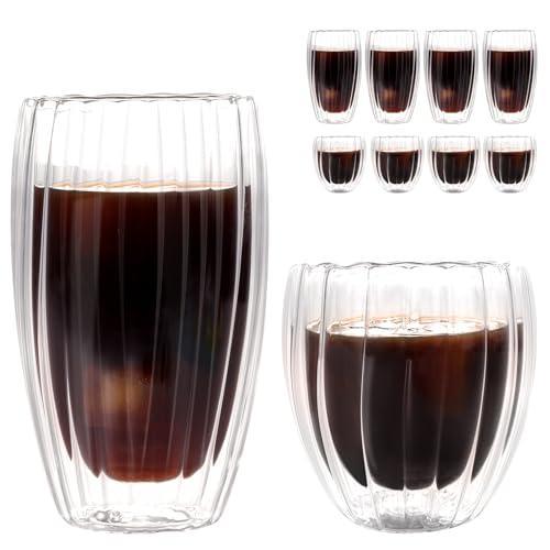 WeirdUncle Set of 8 Double Walled Glass Cups, 4 Thermo Espresso Glasses 9oz & 4 Ribbed Glassware 15oz, Fluted Dsesign, Insulated Coffee Mugs, for Iced Coffee, Latte, Cappuccino, Water, Gift