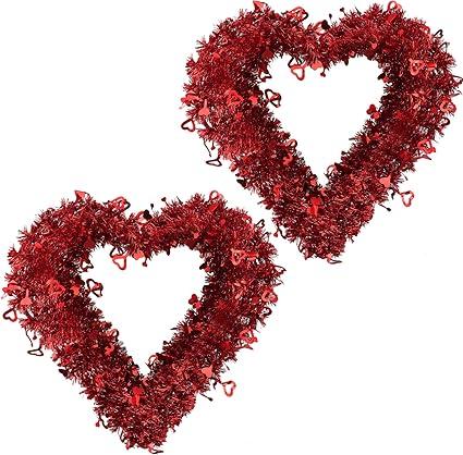 16 Inch Valentine Heart Shaped Wreaths Red Tinsel Heart Shaped Wreaths with Foil Hearts Love Hanging Sign for Valentine's Day Wedding Front Door Wall Window Mantel Decor (2)