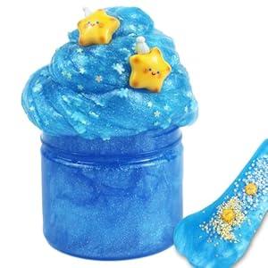 GHOBROFY Galaxy Slime with Slime Charms - Non-Sticky & Non-Toxic, Stretchy, Clear Slime for Kids, Fun Slime Party Favors & DIY Craft, Blue