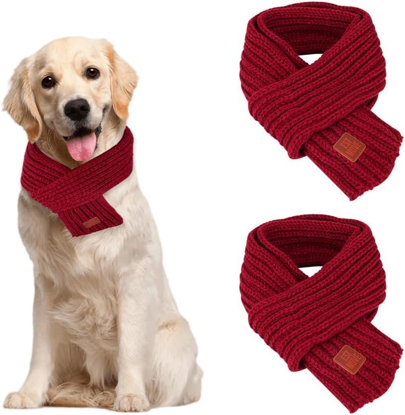 SlowTon Dog Knitted Scarf, 2 Pack Dog Warm Bandanas, Winter Holiday Decoration Scarf for Small Medium Large Dogs (Red,Red)